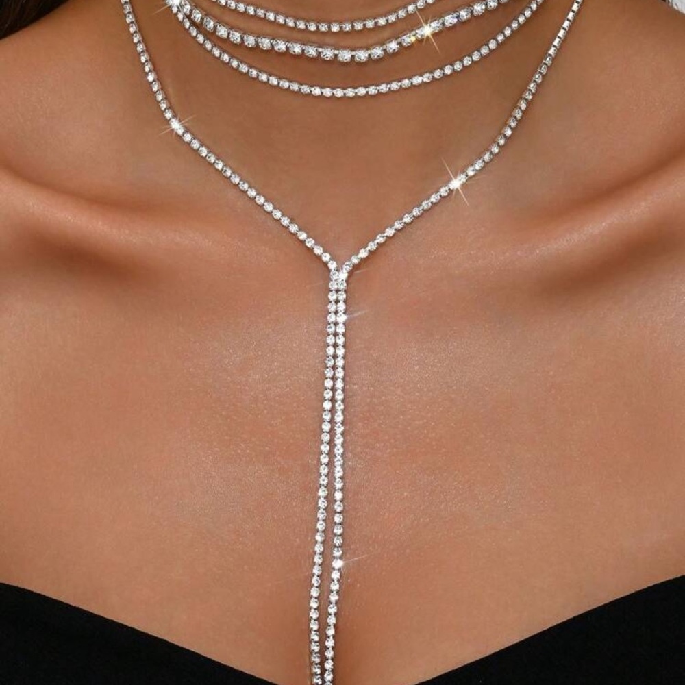 Elegant Silver Necklace, Silver Layered Necklace, Silver Rhinestone Necklace